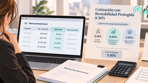 Ilustración conceptual de una liquidación de sueldo con un ícono de escudo y moneda representando un aporte previsional protegido, en tonos corporativos azules y verdes.