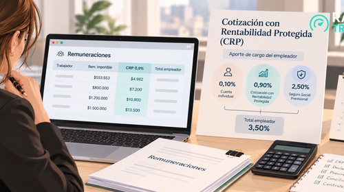 Ilustración conceptual de una liquidación de sueldo con un ícono de escudo y moneda representando un aporte previsional protegido, en tonos corporativos azules y verdes.