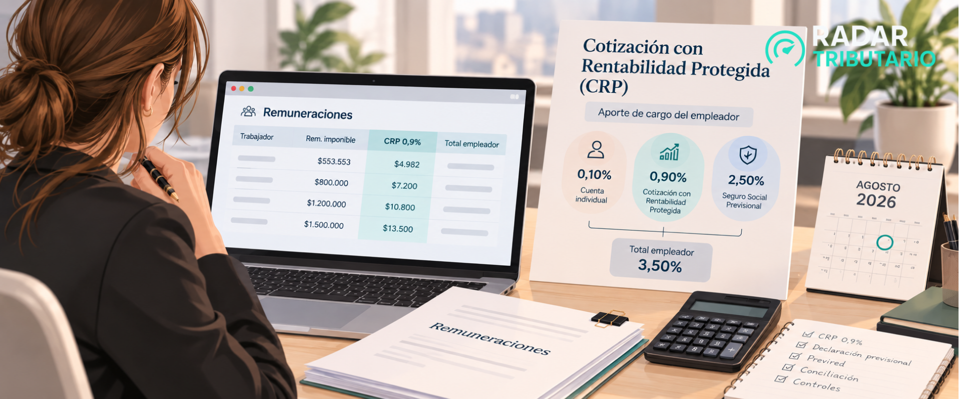 Ilustración conceptual de una liquidación de sueldo con un ícono de escudo y moneda representando un aporte previsional protegido, en tonos corporativos azules y verdes.