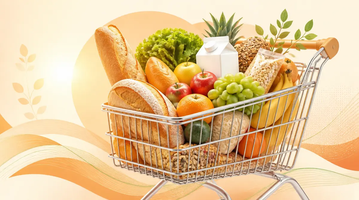 Ilustración de un carrito lleno de alimentos, símbolo del costo de la canasta básica argentina. Generada con IA.