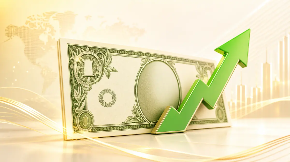 Ilustración de un billete de dólar con una flecha verde de alza, símbolo de la proyección del dólar a fin de año. Generada con IA.