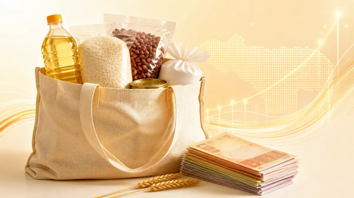 Ilustración de una bolsa de compras con alimentos y una pila de billetes, símbolo del costo de la canasta alimentaria en Venezuela. Generada con IA.