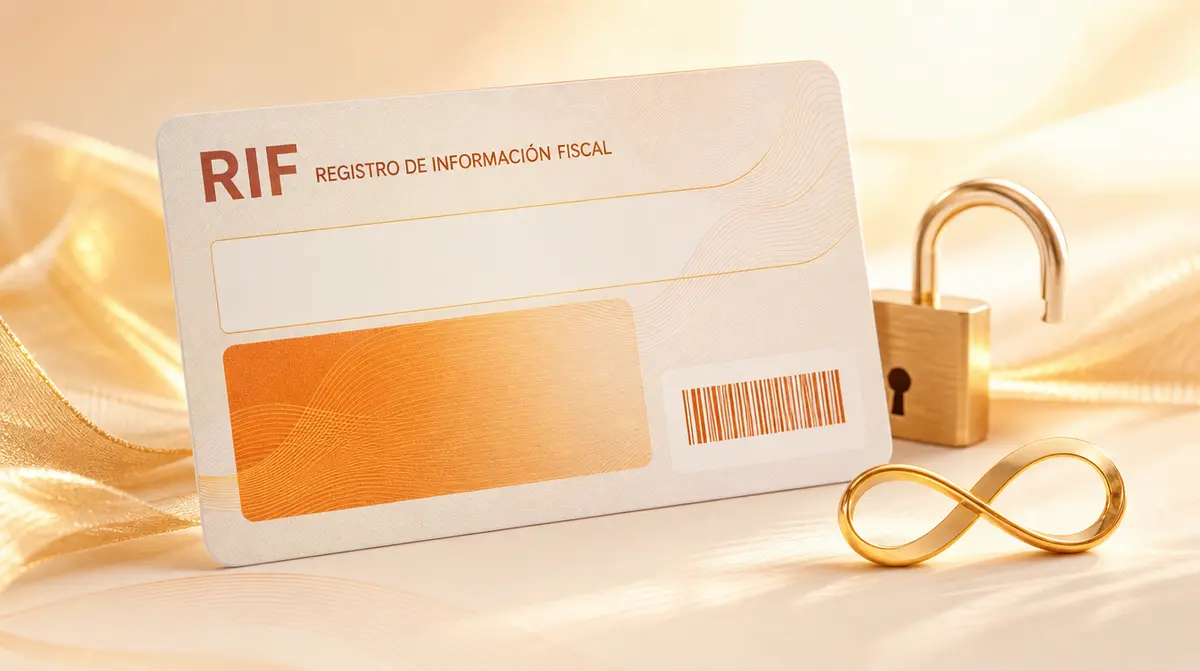 Tarjeta de identificación fiscal venezolana (RIF) en blanco, sin datos, con candado abierto y símbolo infinito, concepto de registro que ya no vence. Generada con IA.