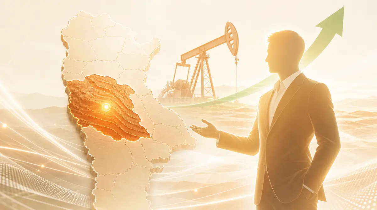 Mapa estilizado de Vaca Muerta en naranja con silueta de un inversor tech y un pozo petrolero, concepto de inversión energética. Generada con IA.