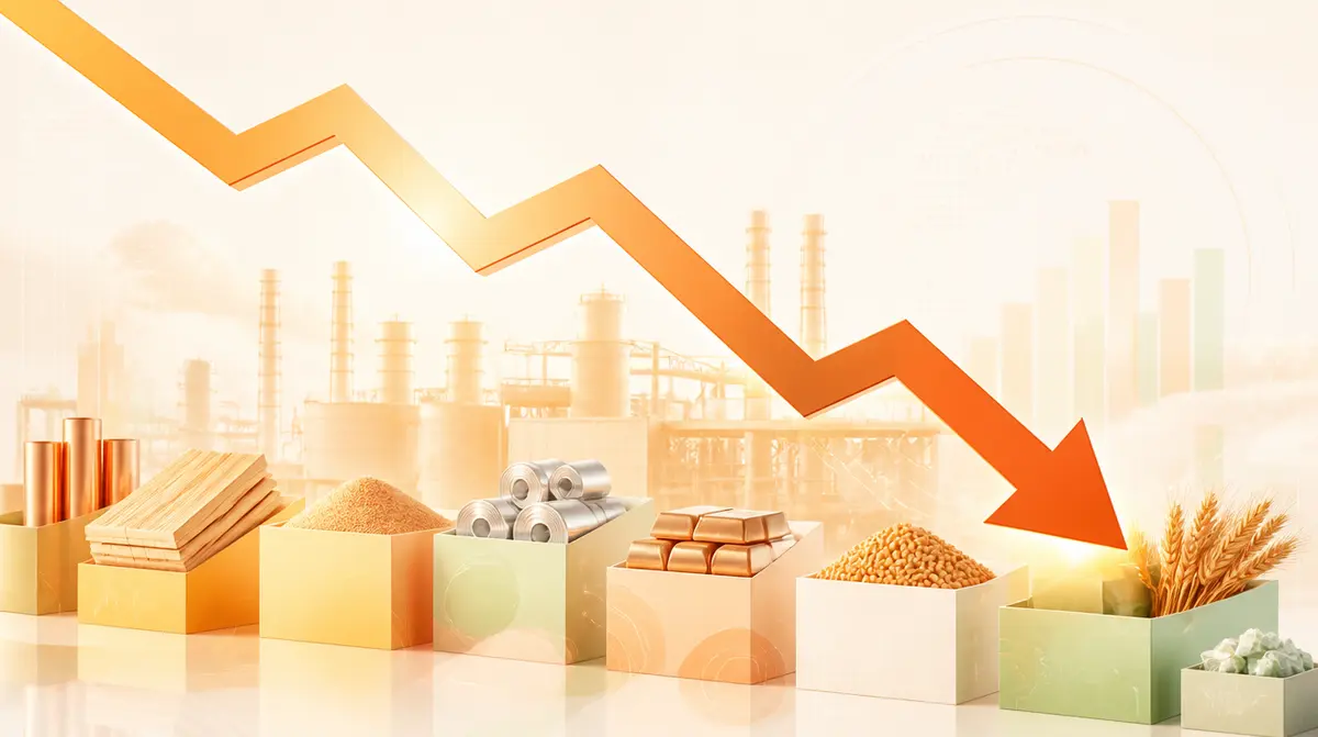 Ilustración de una flecha de precios mayoristas a la baja sobre una silueta industrial en naranja sobre fondo crema — concepto de desaceleración de la inflación mayorista. Generada con IA.