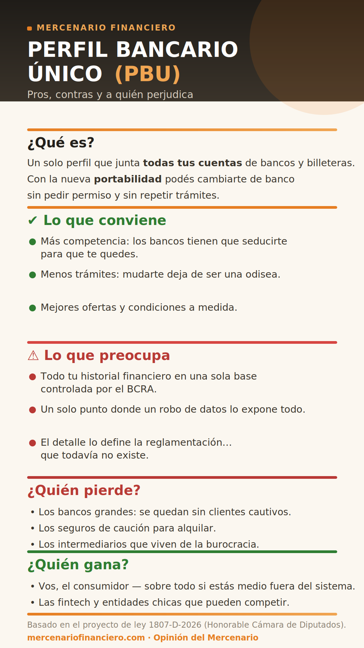 Infografía del Perfil Bancario Único: qué es, lo que conviene, lo que preocupa, quién pierde y quién gana. Generada con IA.