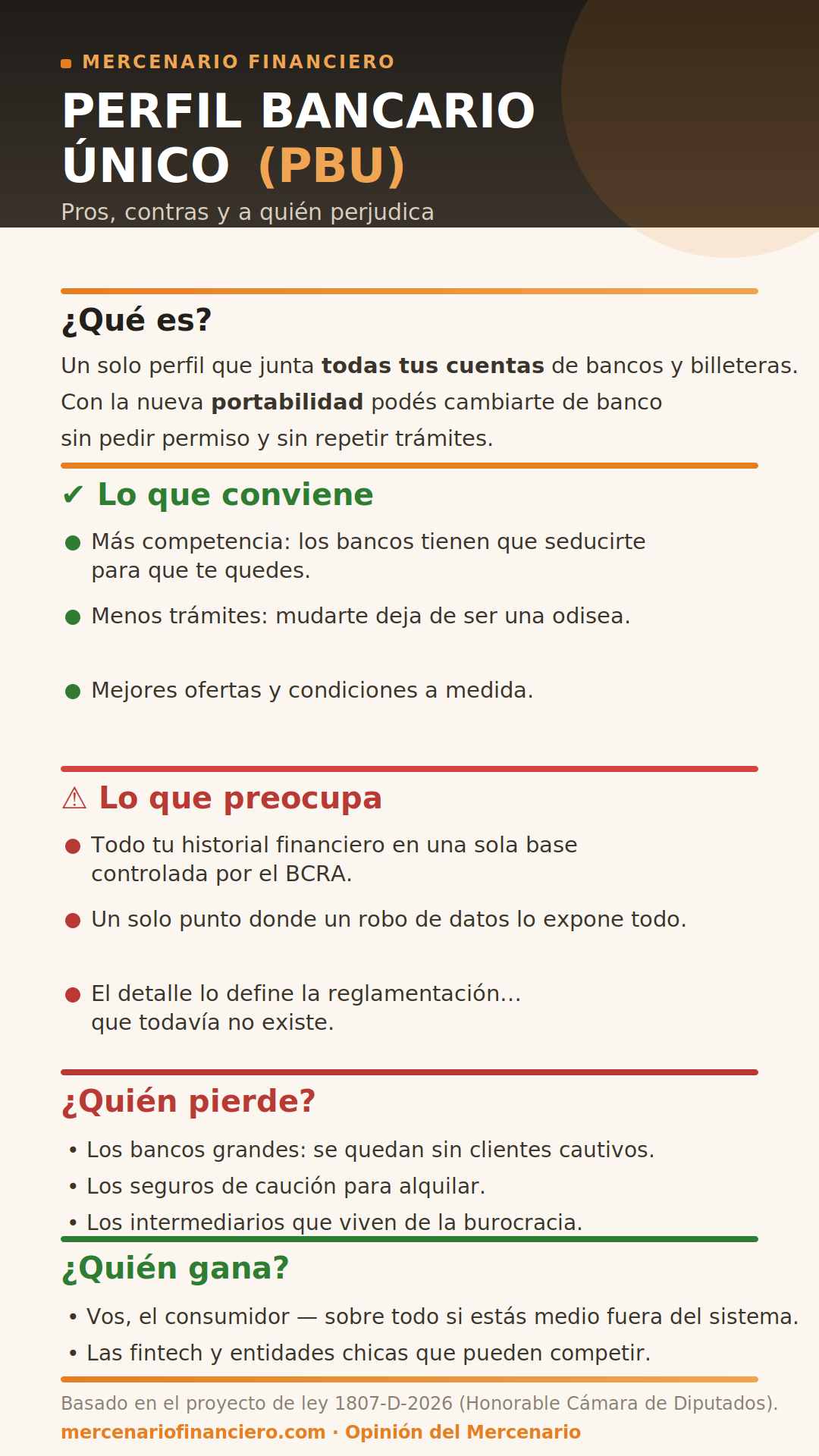 Infografía del Perfil Bancario Único: qué es, lo que conviene, lo que preocupa, quién pierde y quién gana. Generada con IA.
