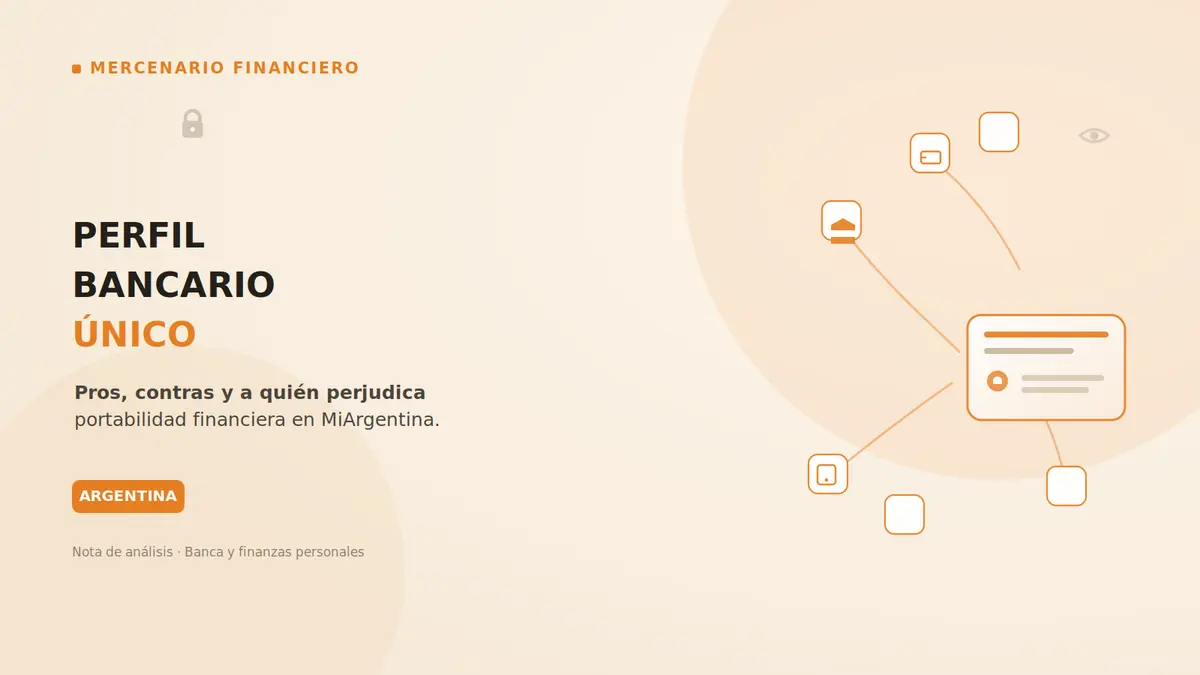 Ilustración editorial de una tarjeta de perfil bancario unificada que reúne fichas de bancos y billeteras, con un candado y un ojo sutiles, sobre fondo crema con acentos naranja. Generada con IA.