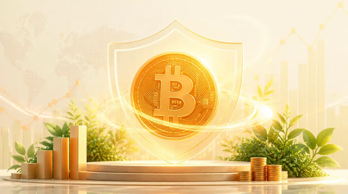 Ilustración de una moneda de Bitcoin naranja protegida por un escudo digital, concepto de reserva de valor en economías inestables. Generada con IA.