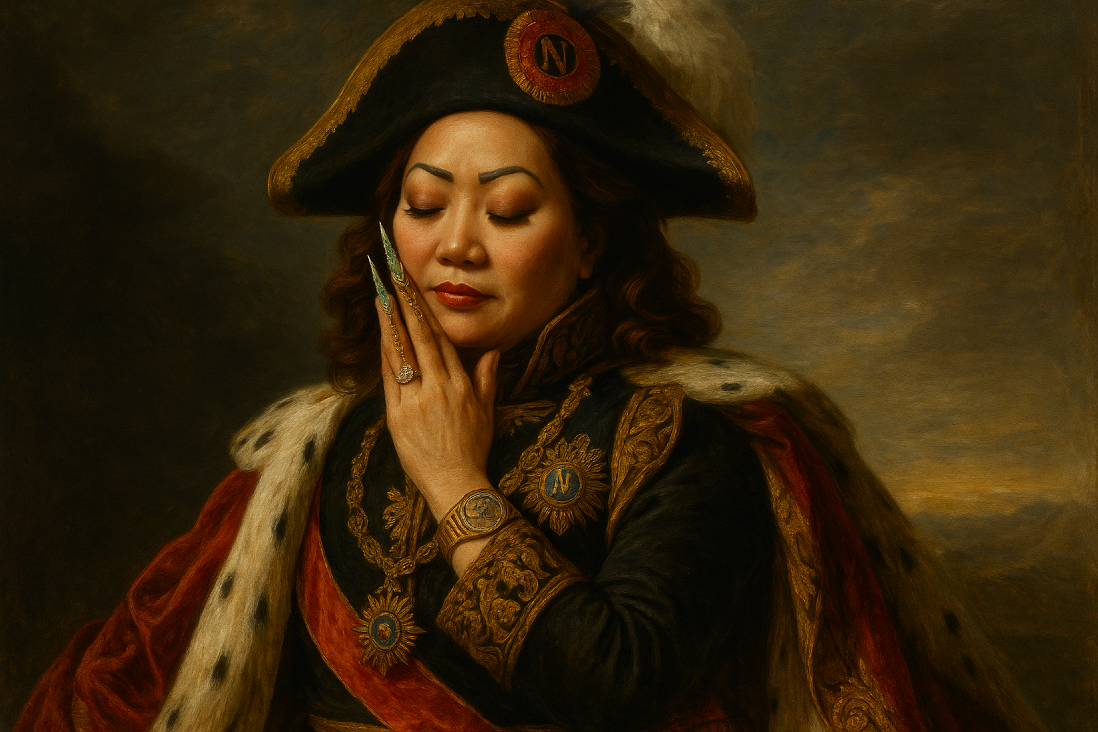 Jenny Bui, la Reina del Bling, pintura estilo Napoleon.