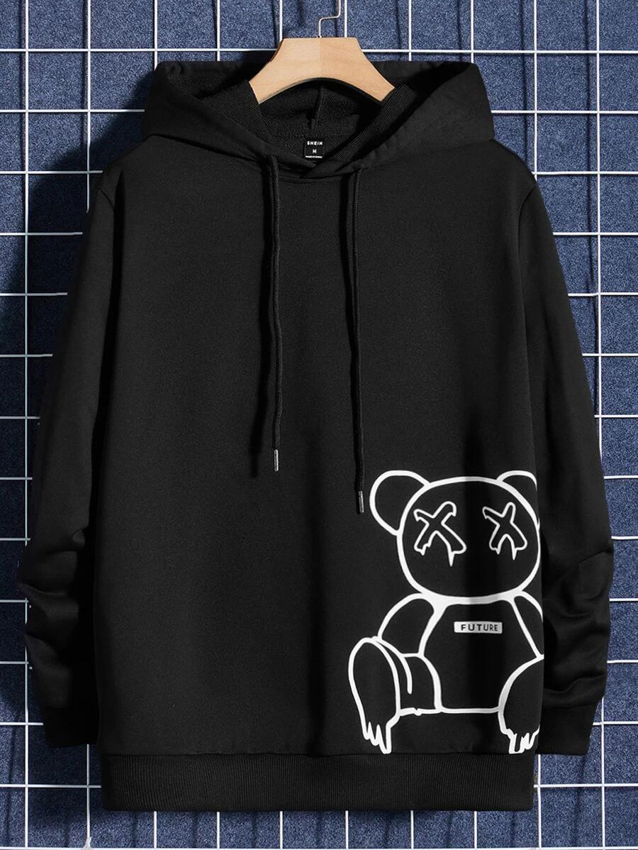 Manfinity Men Letter Bear Print Drawstring Hoodie