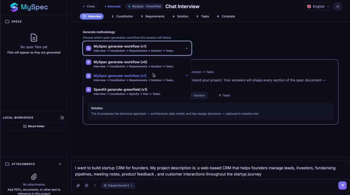 MySpec Greenfield workflow setup for turning new software ideas into structured specifications through an AI-guided interview.