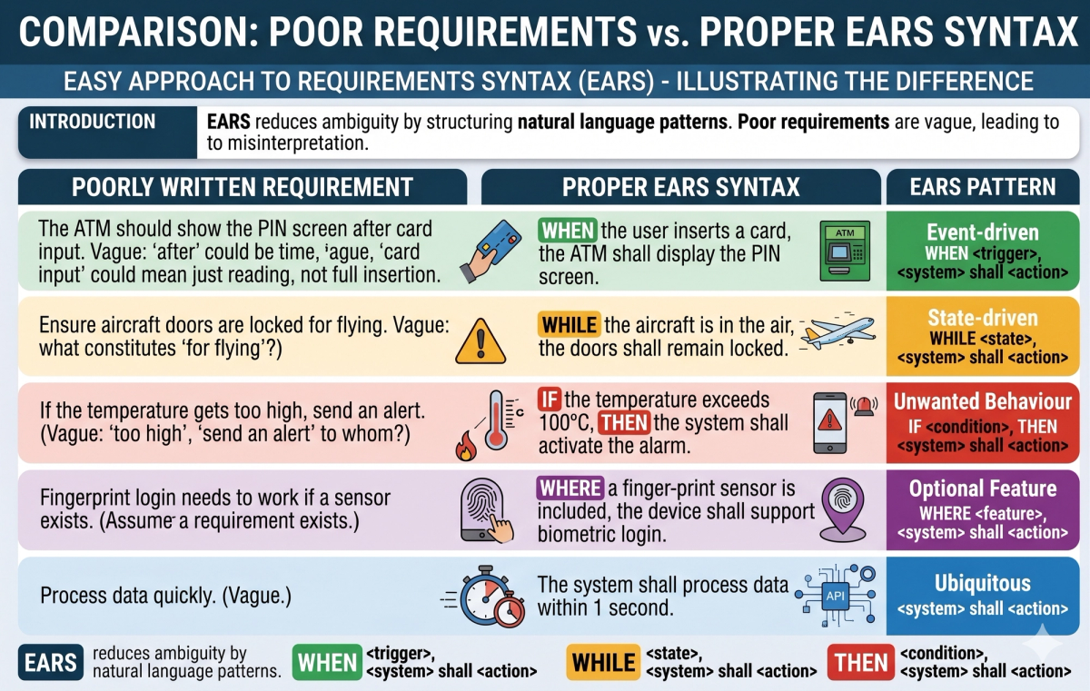 Examples of poor requirements versus proper EARS syntax