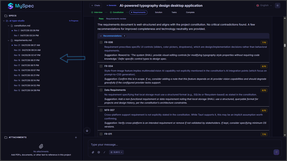 MySpec sidebar navigation displaying a Spec Bundle with timestamped revision history for constitution and requirements markdown files.