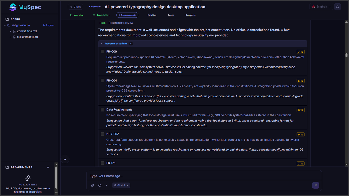 MySpec requirements review interface showing AI-generated quality scores and improvement suggestions for non-functional requirements.