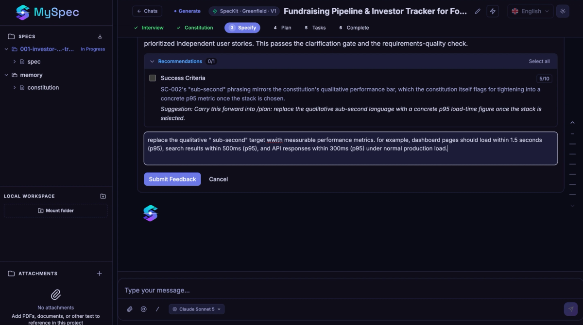 MySpec recommendation review interface for validating and refining AI-generated software requirements with user feedback.