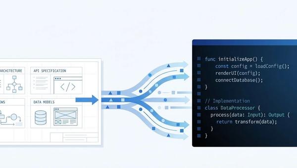 Diagram showing specifications as the central source of truth in a software project
