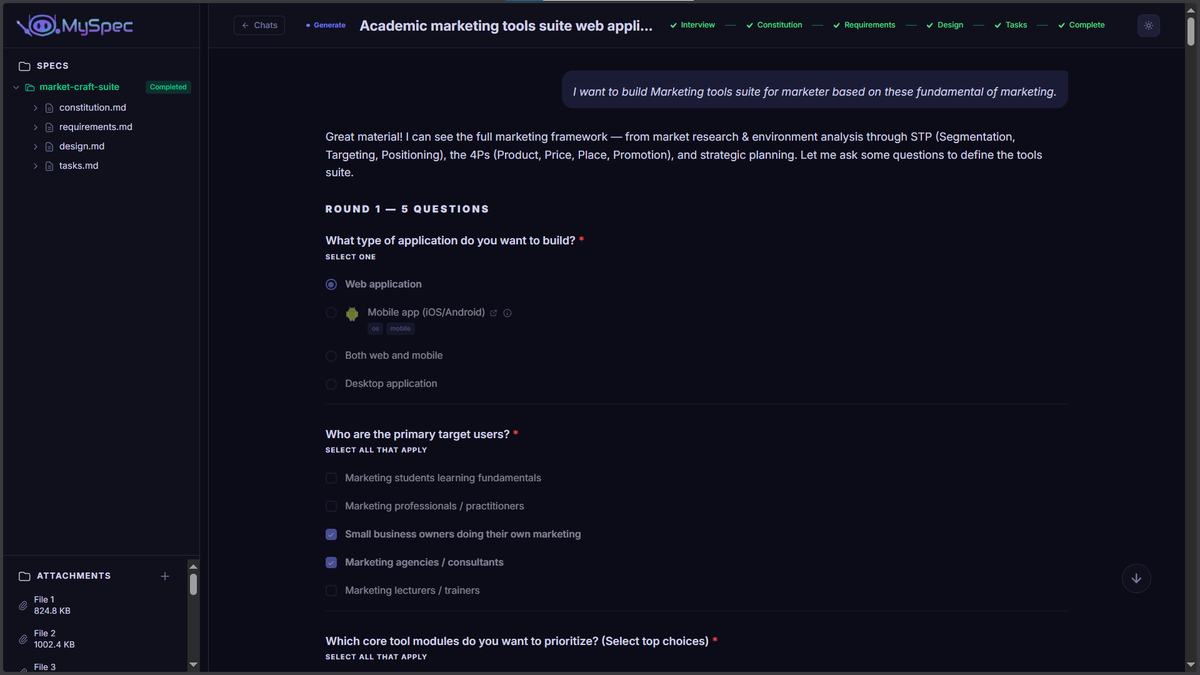 An interactive AI Architect interview in MySpec showing structured multiple-choice questions to define a web application's requirements.
