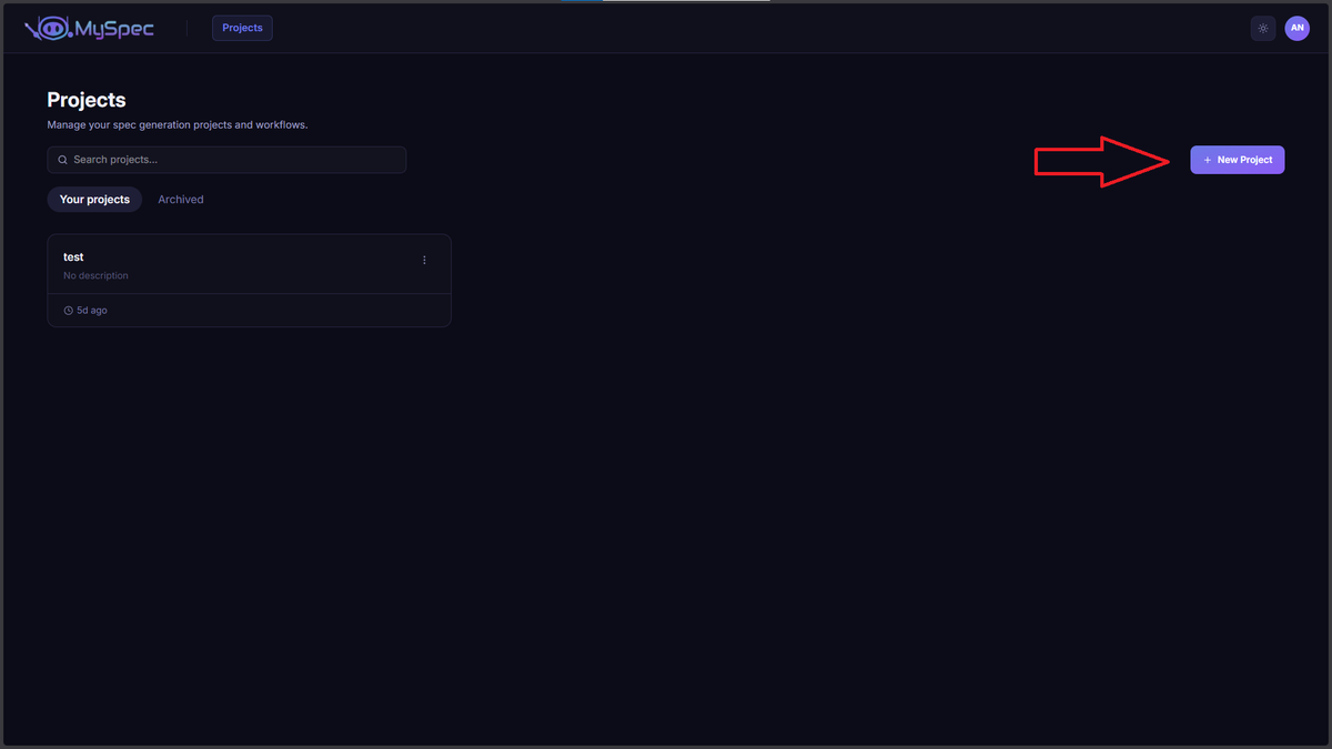 The MySpec project management dashboard showing a list of user projects and the primary "New Project" button.