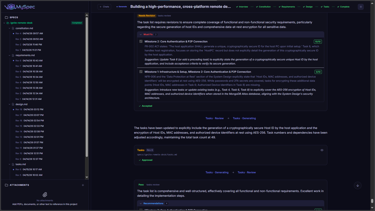 MySpec sidebar navigation displaying a Spec Bundle with timestamped revision history for constitution and requirements markdown files.