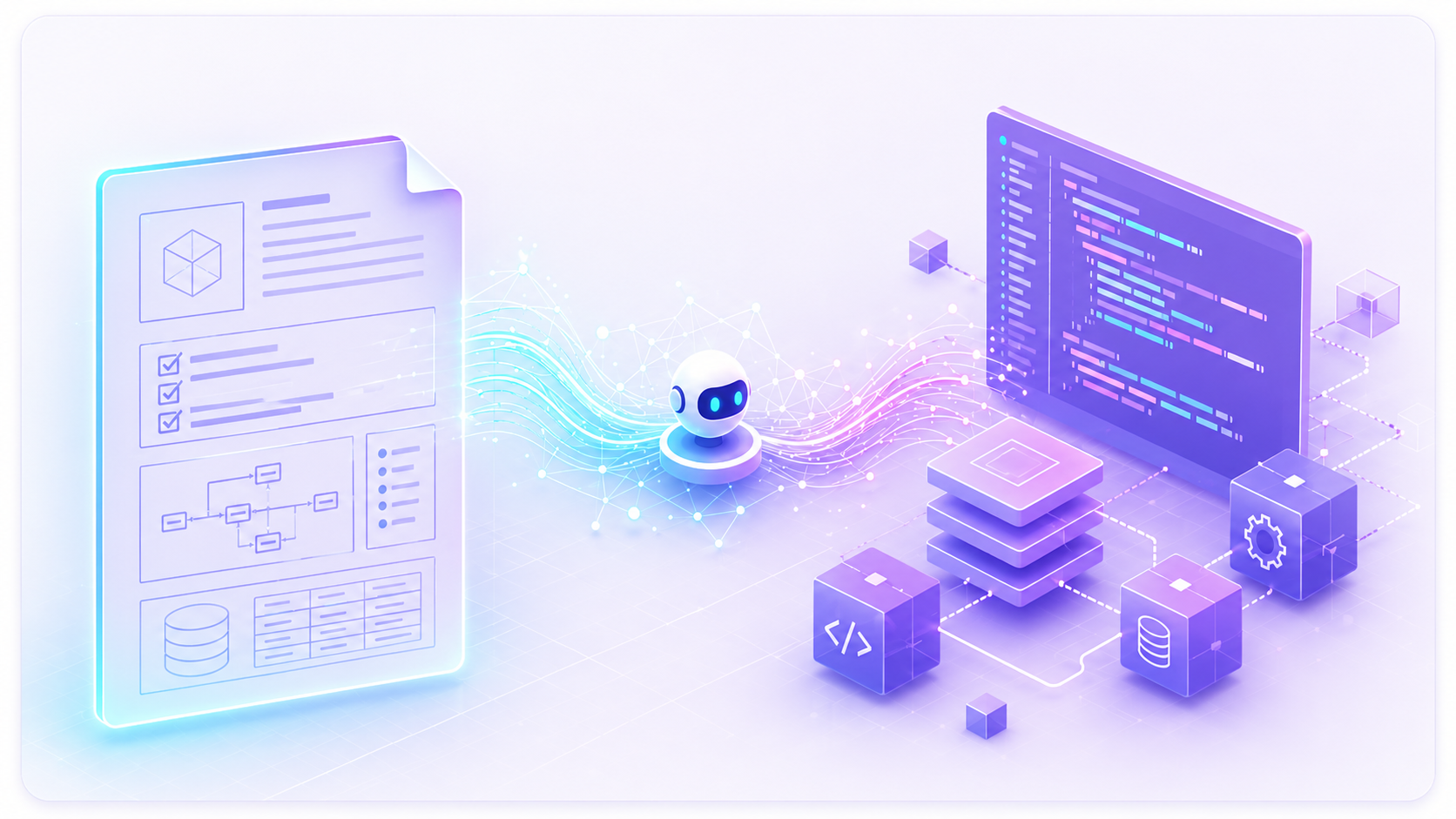 Illustration of a structured specification document flowing into generated code, guided by an AI agent — representing Spec-Driven Development.