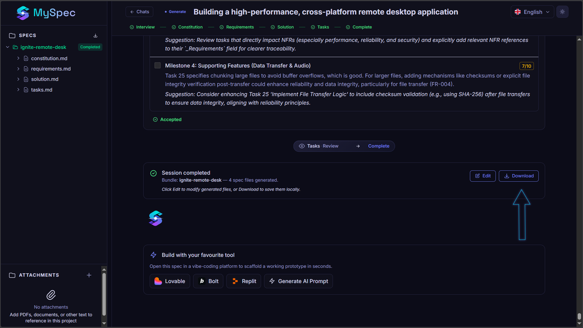 The MySpec project completion screen with a prominent download button to export the finalized four-file markdown Spec Bundle.