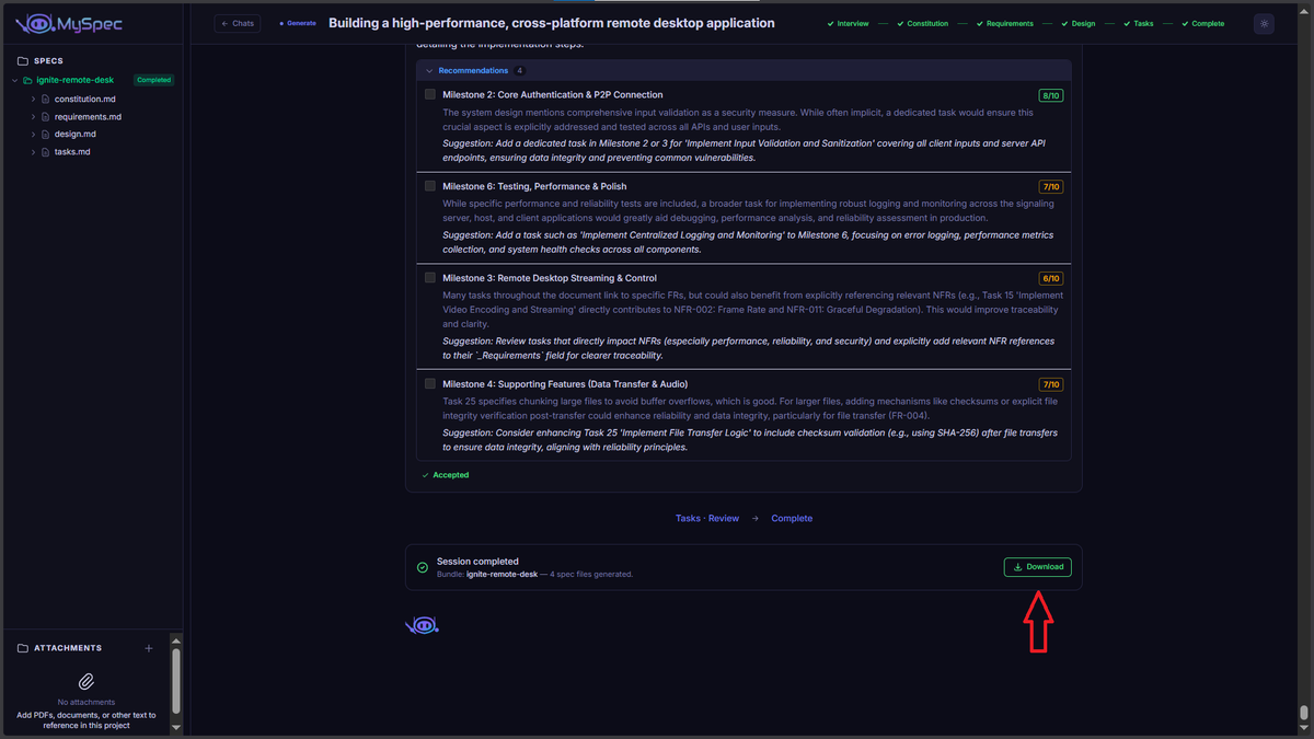 The MySpec project completion screen with a prominent download button to export the finalized four-file markdown Spec Bundle.