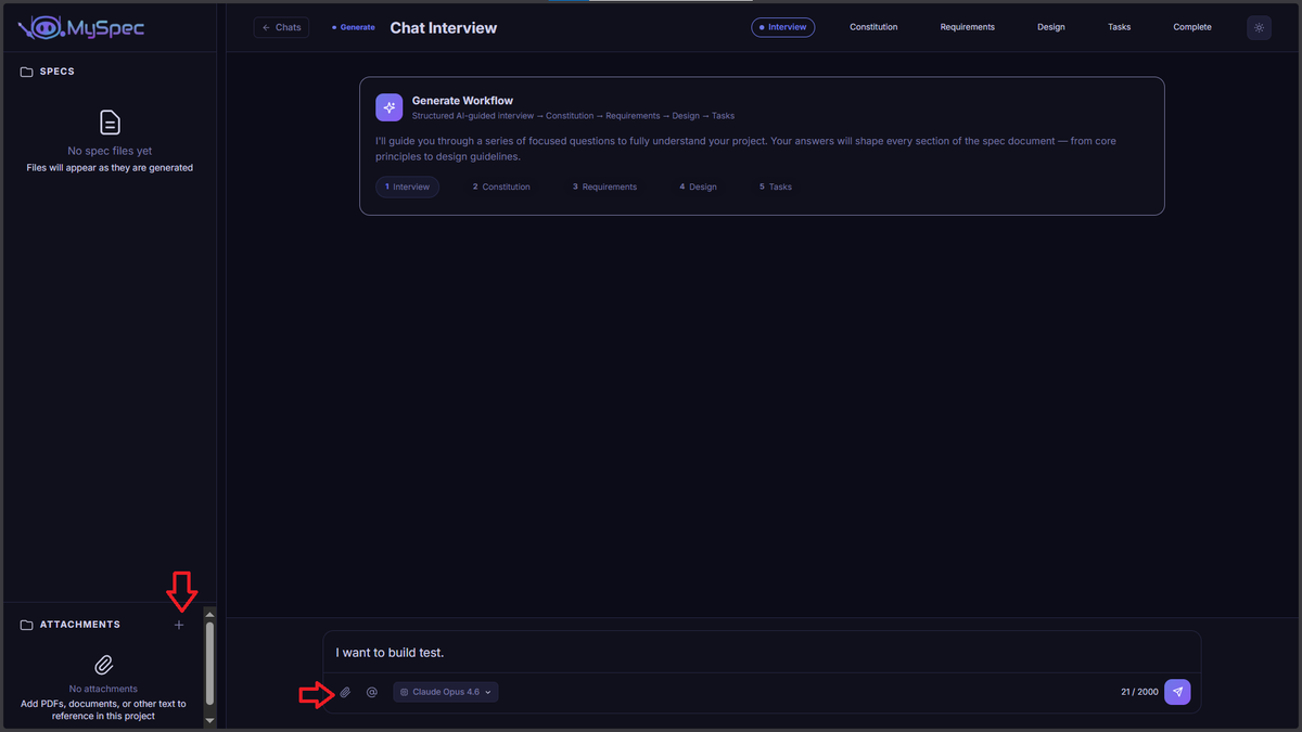 The document attachment panel in the MySpec dashboard used to upload PDFs and text files for providing project context to the AI.