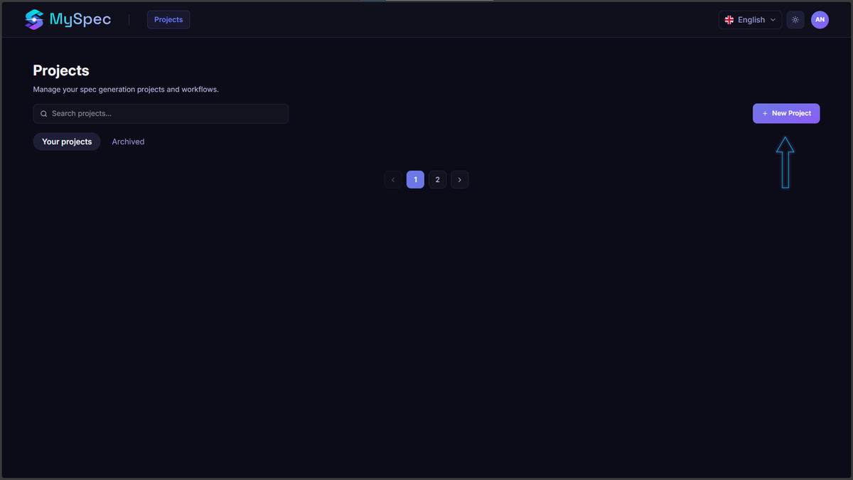 The MySpec project management dashboard showing a list of user projects and the primary "New Project" button.