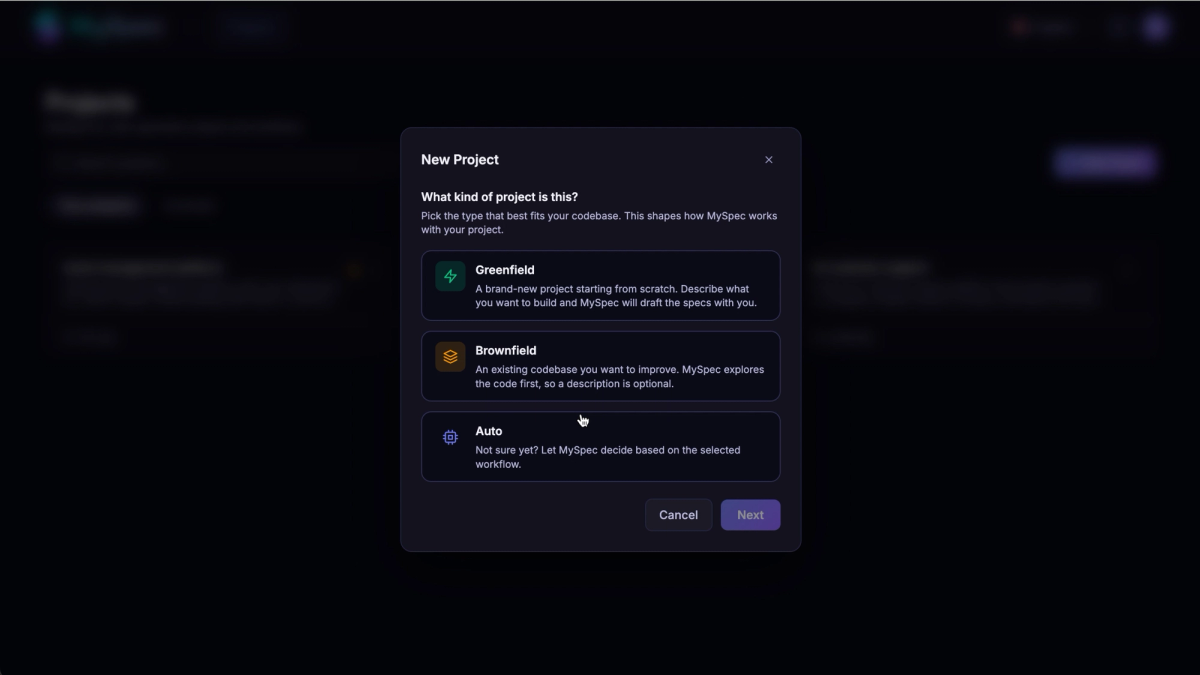New project setup in Myspec with Greenfield, Brownfield, and Auto workflow options for AI-assisted software specification generation.