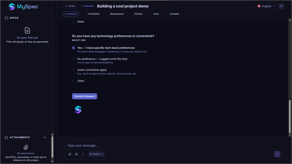 An interactive AI Architect interview in MySpec showing structured multiple-choice questions to define a web application's requirements.