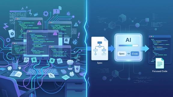 Developer collaborating with an AI assistant over a written specification