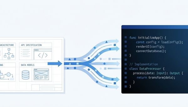 Diagram showing specifications as the central source of truth in a software project