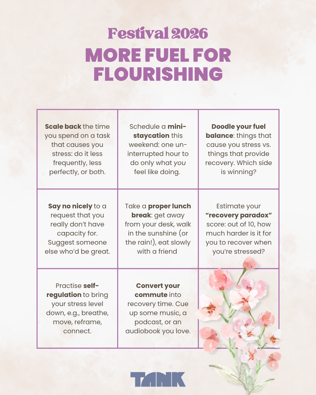 A "bingo card" with 8 pragmatic prompts for experiments to help you reduce stress and improve recovery.
