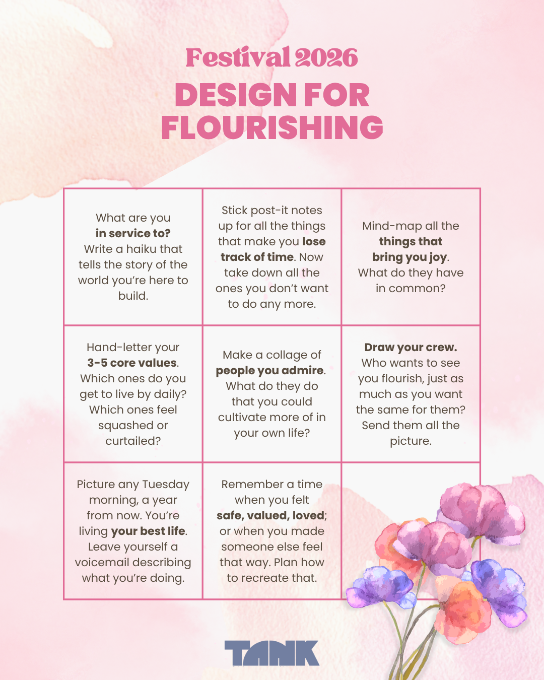 A "bingo card" with 8 creative prompts for experiments to help you discover what flourishing means for you.