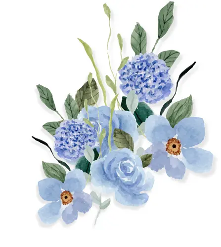 watercolour of a cluster of various blue flowers and sage green foliage, with a subtle shadow effect