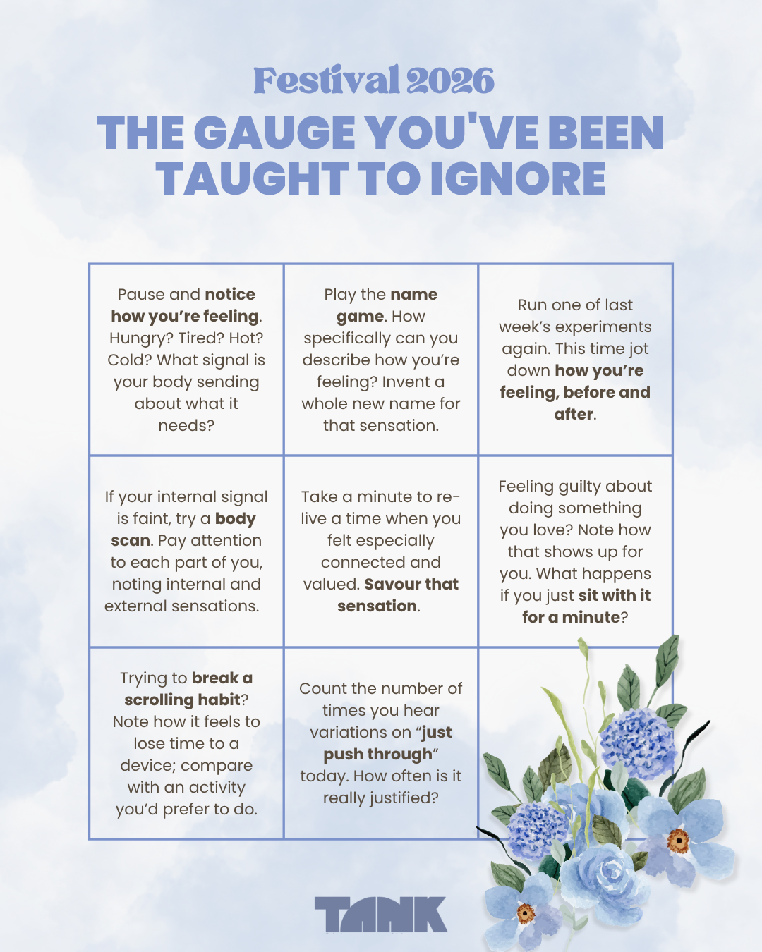 A "bingo card" with 8 easy prompts for experiments to help you tune in to your energy gauge.