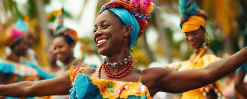 Des personnes d'héritage africaine qui dansent dans ses robes multicolores