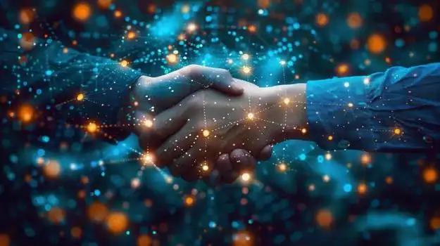 Glowing digital handshake representing successful GovTech procurement and B2B partnerships