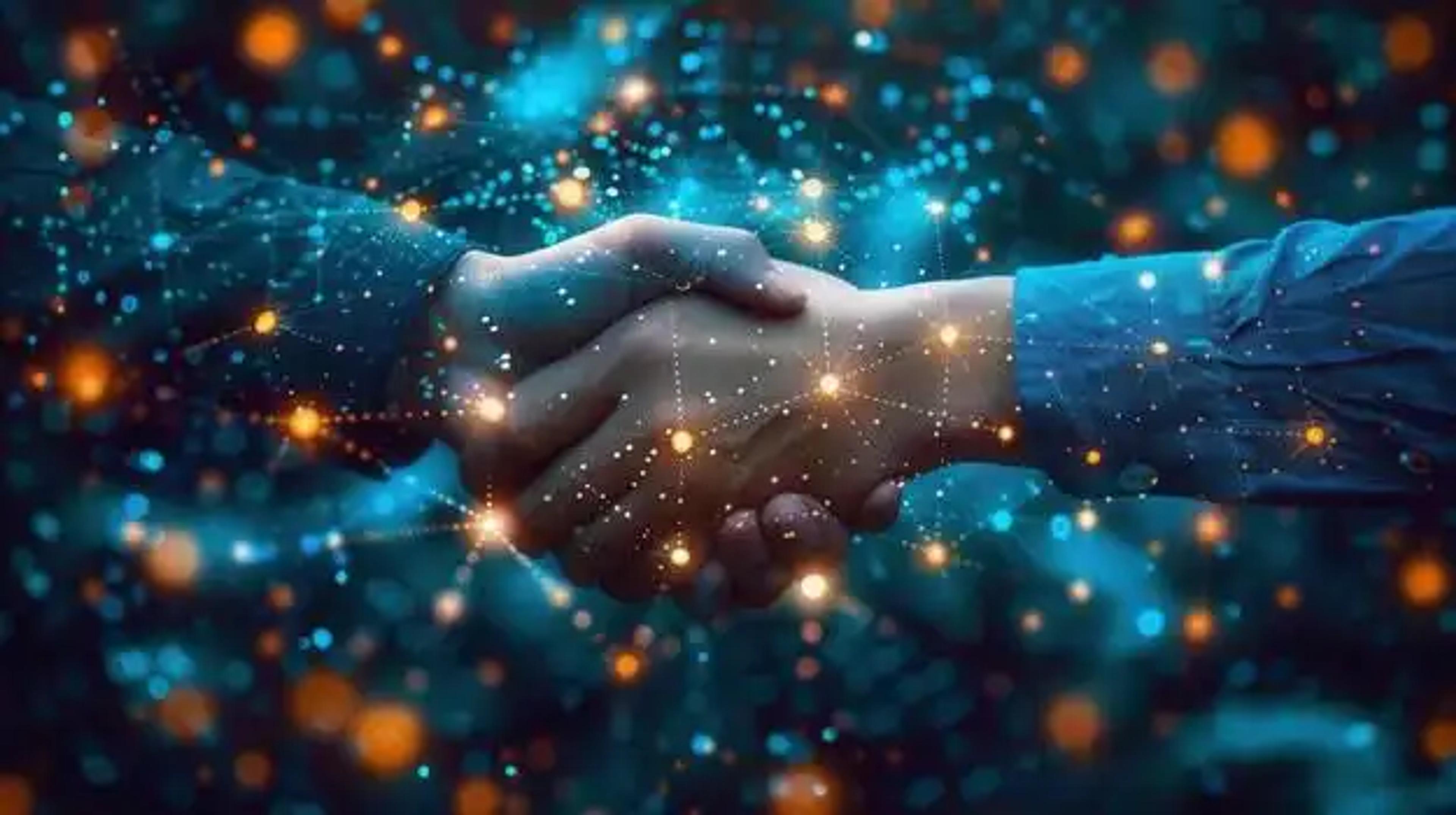 Glowing digital handshake representing successful GovTech procurement and B2B partnerships