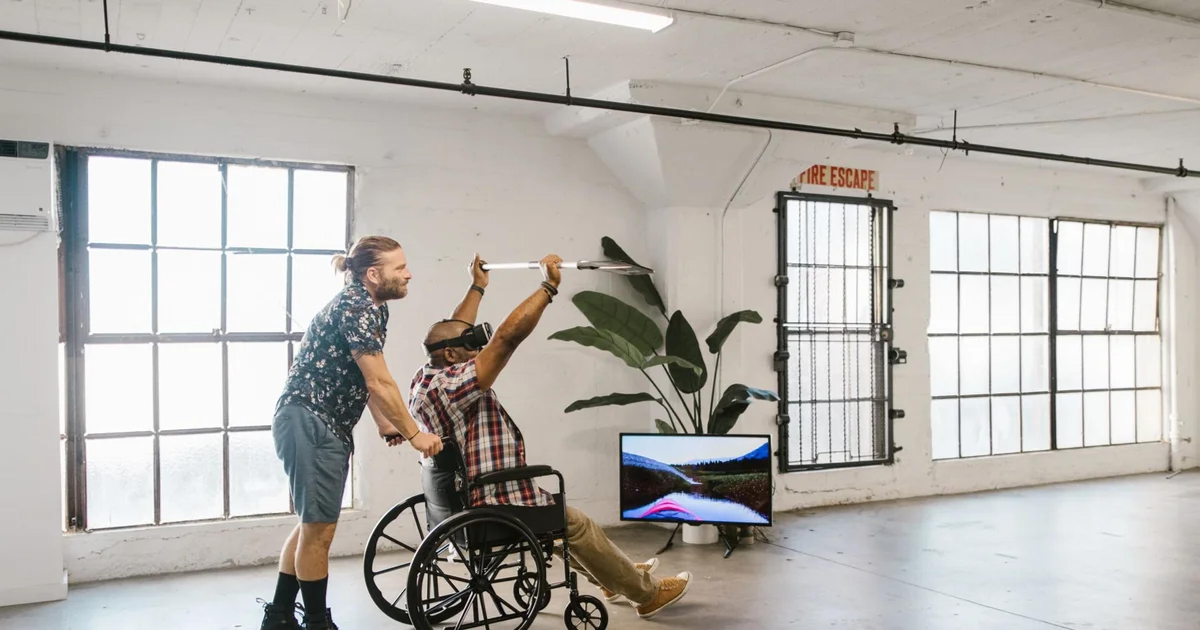 A person using a headset in an accessible Civic Virtual Reality environment for public planning.