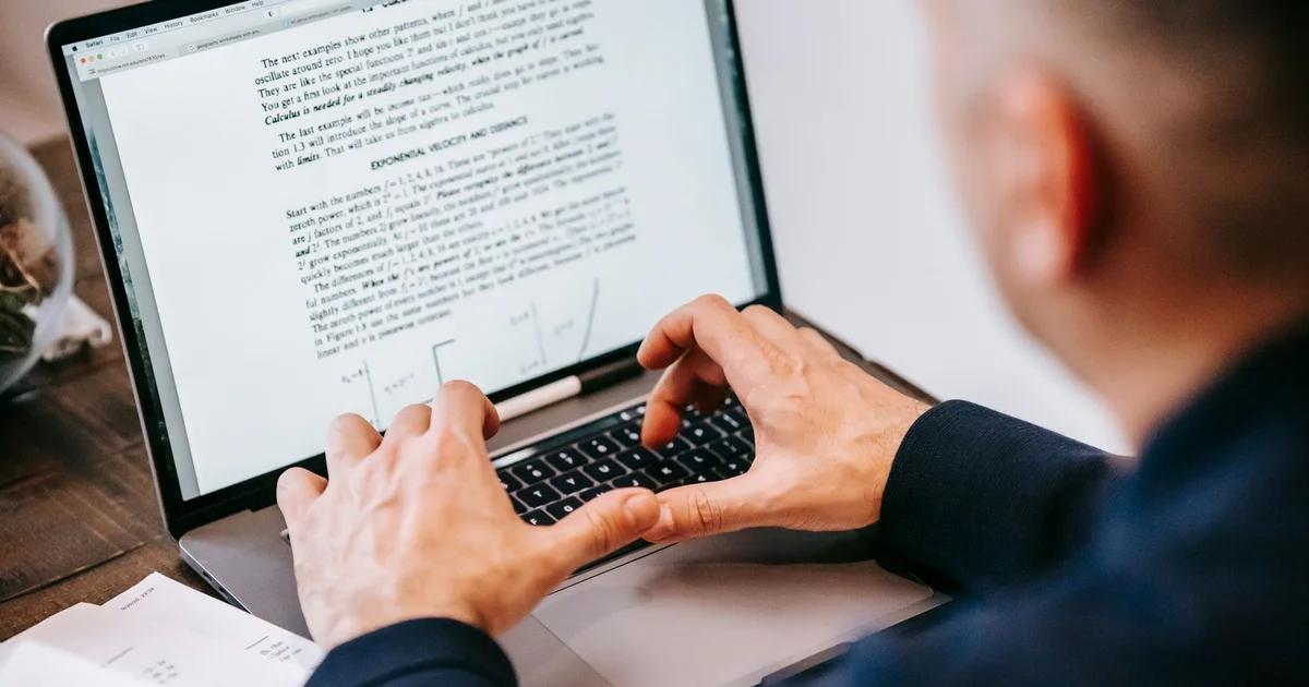 Professional reviewing accessible civic digital documents on a laptop
