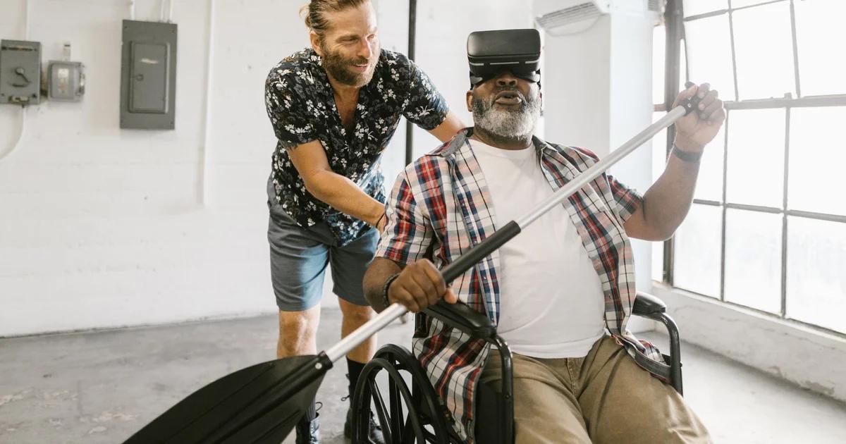 A person using a VR headset in a city planning office to test ADA compliance for Civic VR projects
