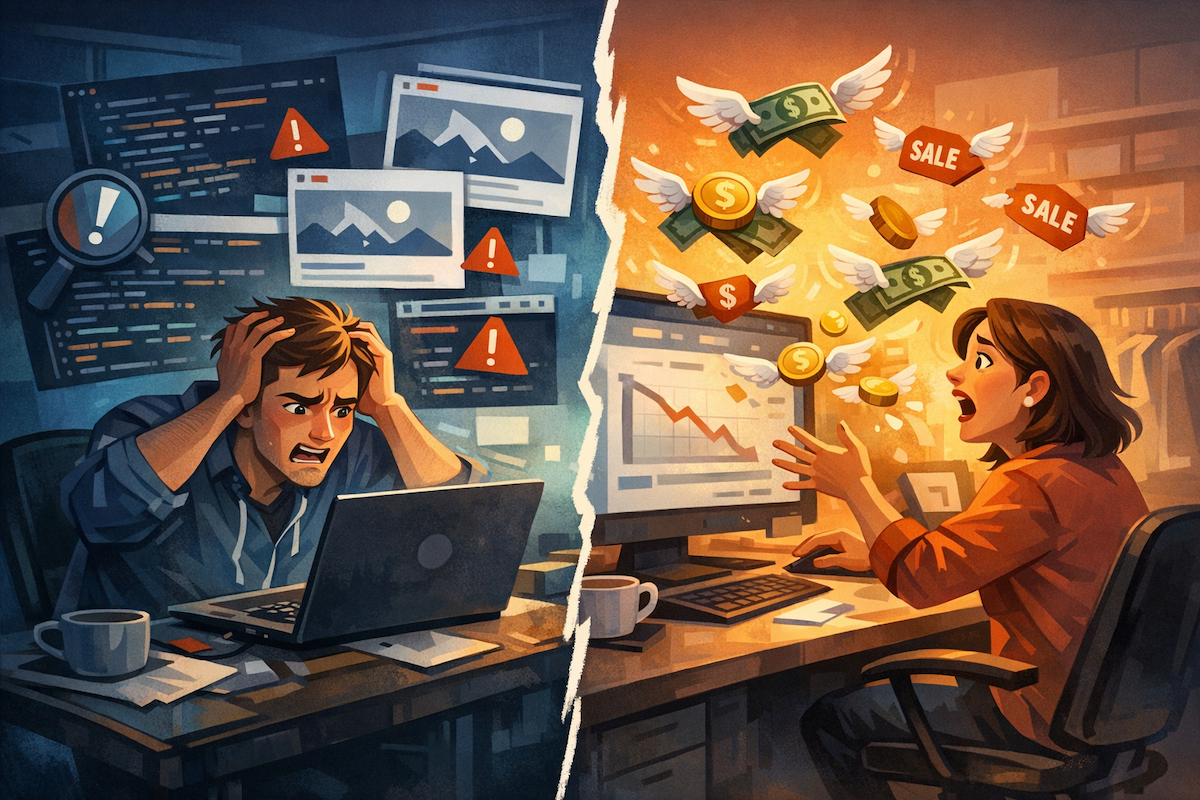 A developer struggling with missing preview data, and an online business owner seeing money being lost.