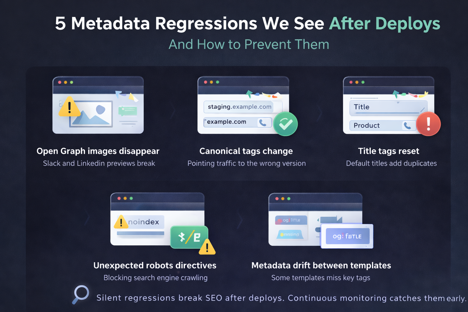 Infographic titled “5 Metadata Regressions We See After Deploys and How to Prevent Them,” illustrating common issues such as missing Open Graph images, changed canonical tags, reset title tags, unexpected robots directives, and metadata drift between templates.