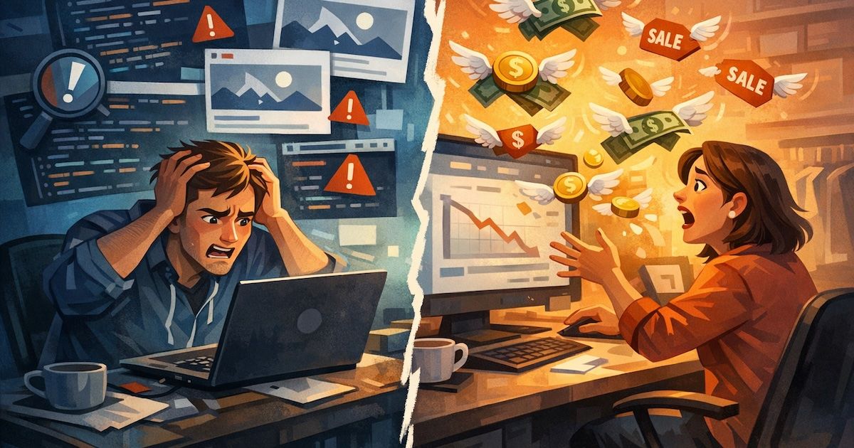 A developer struggling with missing preview data, and an online business owner seeing money being lost.