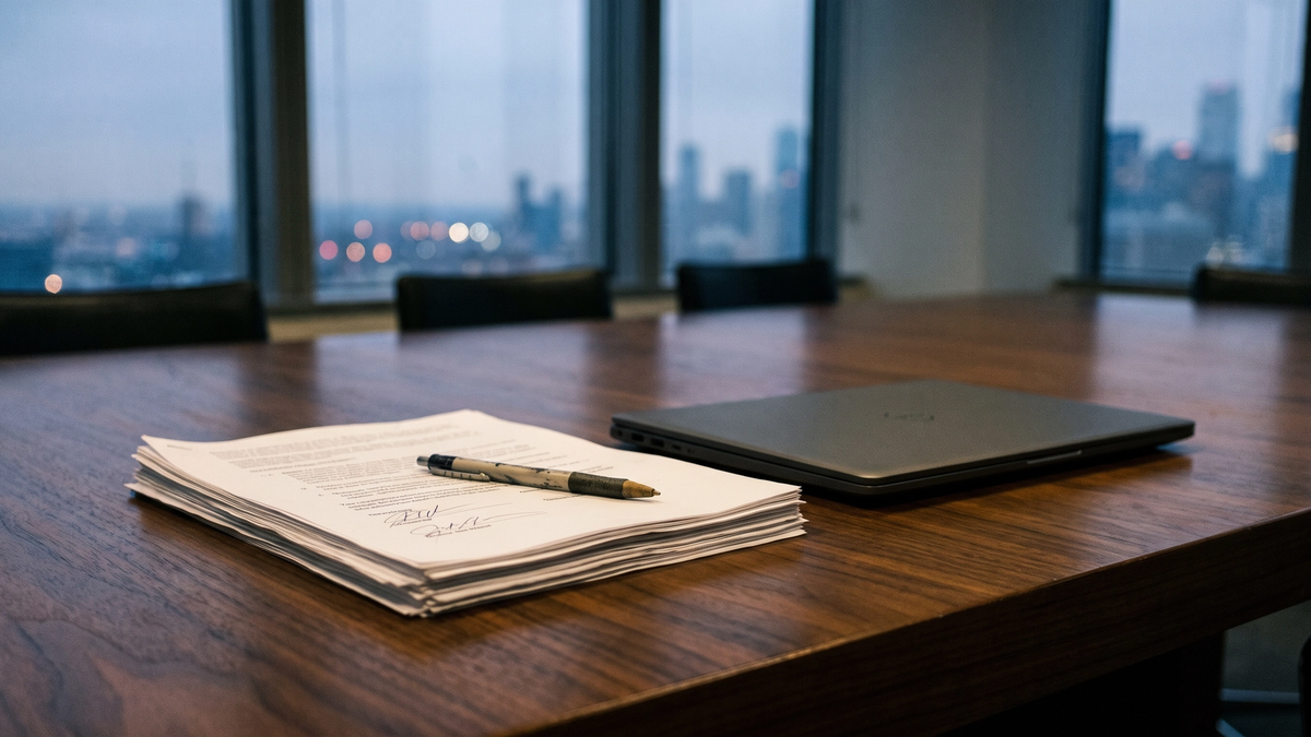 Empty corporate conference room table with a stack of signed legal documents and a pen, a closed laptop beside it, and a blurred financial district skyline through the windows behind