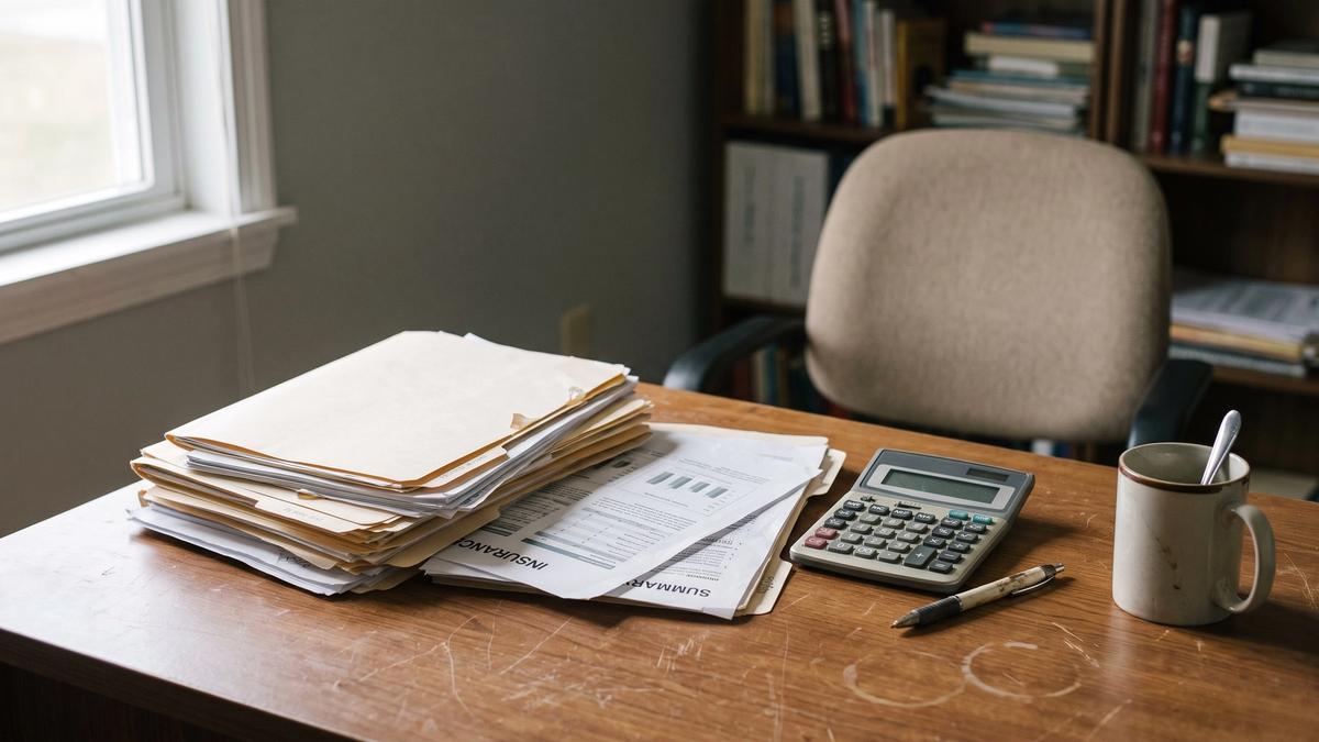 A desk with stacked insurance renewal documents, a calculator and a coffee mug in soft natural light, representing a small business reviewing a health plan renewal.