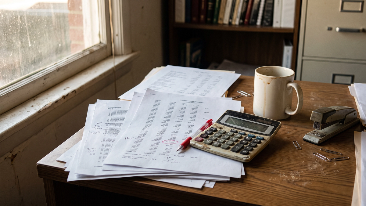 Close-up of printed financial statements, a calculator, and a red pen on a small business office desk
