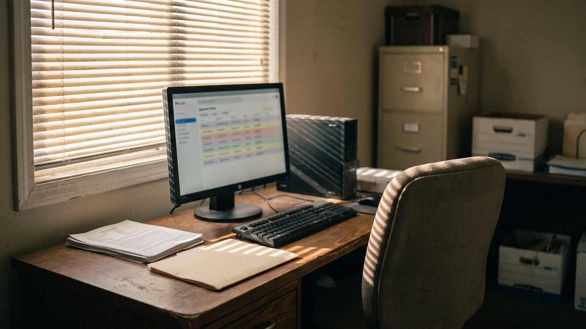 Empty HR back office desk at a quick service restaurant with a computer screen showing a blurred generic applicant review interface, morning light through blinds, no people or text visible